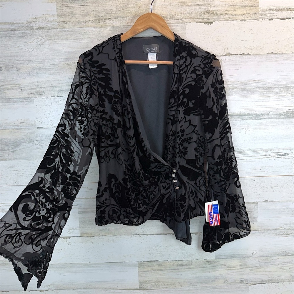 Xscape Whimsigoth Sheer Black Burnout Velvet Bell Sleeve Wrap Top 10 Gothic - Picture 8 of 15